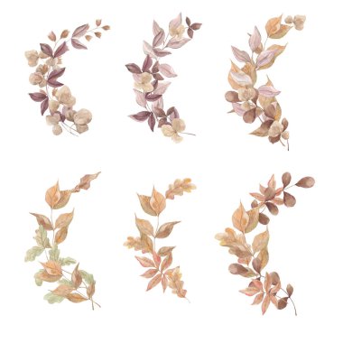 Sonbahar kompozisyonu, çelenkler. Suluboya dokusu. Kuru sonbahar yaprakları. Dekor, Kasım, Ekim. Dekorasyon için elementler. Orman kompozisyonları. Çilekler.