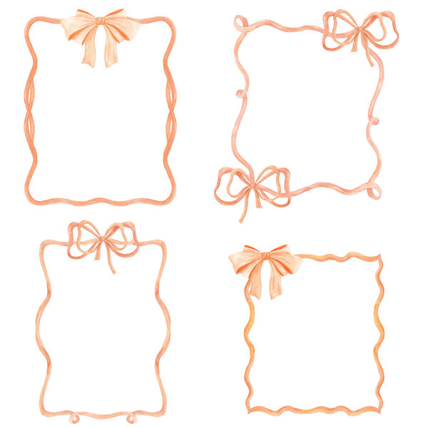 Halloween. Watercolor ribbon frame. Ribbon bow. Orange, purple. Pumpkins, ghosts, bats. Autumn holiday decor for invitations, cards. Set of frames. Watercolor frame.