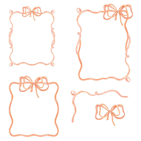 Halloween. Watercolor ribbon frame. Ribbon bow. Orange, purple. Pumpkins, ghosts, bats. Autumn holiday decor for invitations, cards. Set of frames. Watercolor frame.