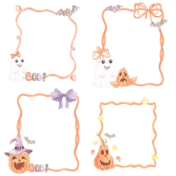Halloween. Watercolor ribbon frame. Ribbon bow. Orange, purple. Pumpkins, ghosts, bats. Autumn holiday decor for invitations, cards. Set of frames. Watercolor frame.