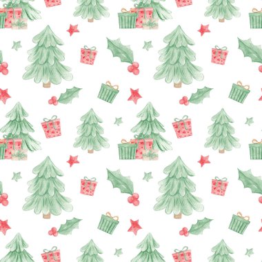 Suluboya kış deseni. Yeni yıl baskısı. Mutlu noeller. Kusursuz bir Noel deseni. Noel ağacı, hediyeler. Eşarplı bir kardan adam. Kış havası. Aralık. Ocak. Kış tatili Hediye paketleme kağıdı. 