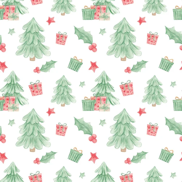 Suluboya kış deseni. Yeni yıl baskısı. Mutlu noeller. Kusursuz bir Noel deseni. Noel ağacı, hediyeler. Eşarplı bir kardan adam. Kış havası. Aralık. Ocak. Kış tatili Hediye paketleme kağıdı. 