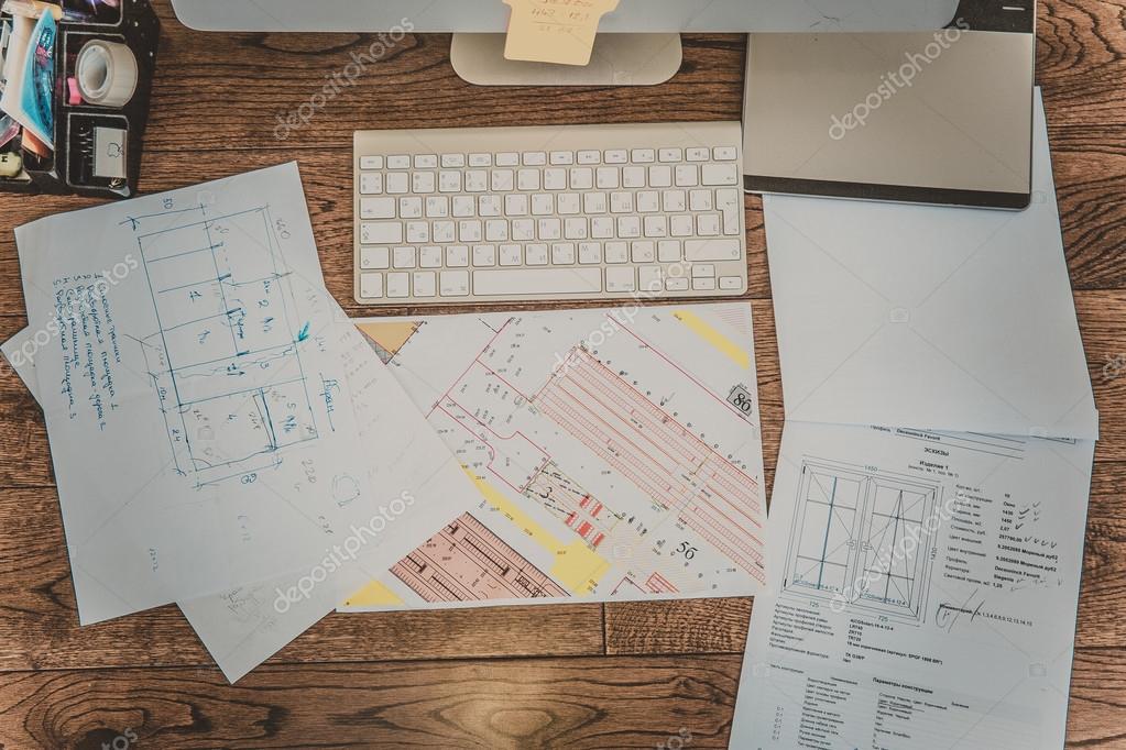 Architect And Home Interior Decorator Desktop With Tools