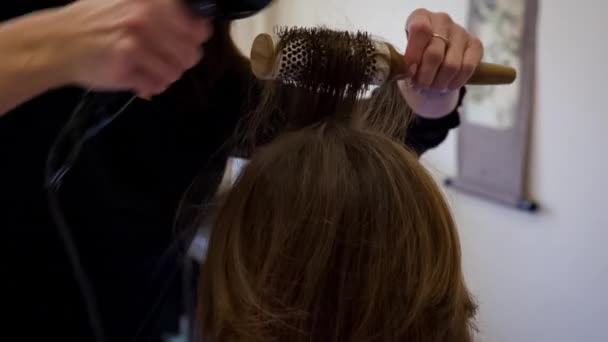 Friseur trocknet weiblichen Haartrockner — Stockvideo