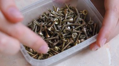 Kadının elleri şeffaf plastik bir kap tutarken ve bir yığın küçük metal vidayı sıralarken, bir ev geliştirme veya diy proje için doğru boyutu ararken yakın görünüm