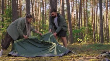 Genç bir çift, güzel bir çam ormanında yeşil bir çadır kurup, kamp alanlarını açık hava macerasına hazırlarken ve aktif bir tatil yaparken birlikte çalışıyorlar.