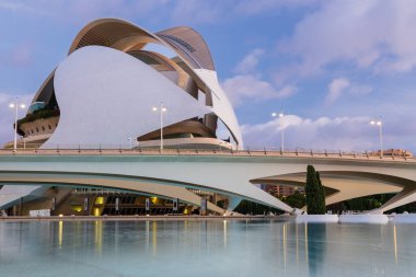Montolivet Köprüsü 'nün ve Sanat ve Bilim Şehri' ndeki Opera Binası 'nın sabah manzarası, Valencia, İspanya.