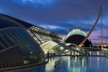 Valencia, İspanya 'daki aydınlanmış sanat ve bilim şehri, mavi saatte. Yarıküre, Bilim Müzesi, Agora ve Altın Köprü Barajı 'nın yer aldığı bölüm, güneş doğmadan önce sakin suya yansıdı.
