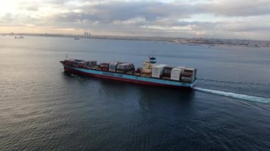 istanbul, Turkey  December 7, 2020: Aerial top view container cargo ship in import export business commercial trade logistic and transportation 