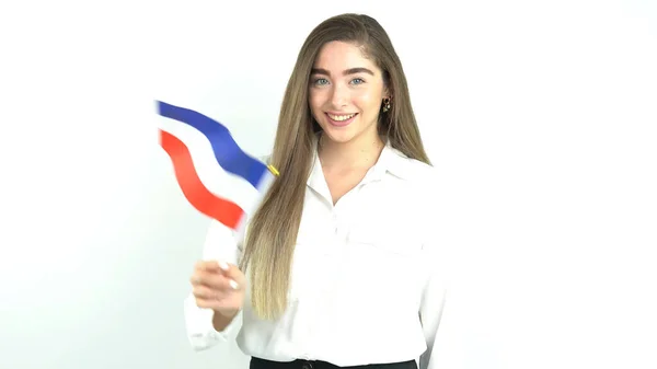 Mulher Acenando Bandeira França Frente Fundo Branco — Fotografia de Stock