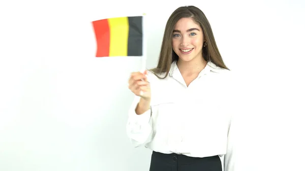 Mulher Acenando Bandeira Alemanha Frente Fundo Branco — Fotografia de Stock