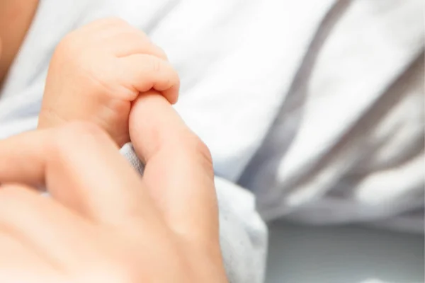 Fadern Håller Barnets Hand Far Och Barn Händer Familjebegreppet — Stockfoto