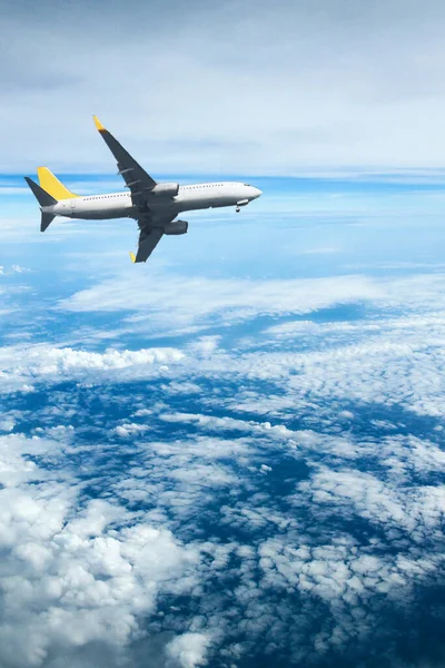 Gökyüzünde bir uçak. Yaz tatili ve seyahat macerası konseptini kopyala. Uçak gökyüzü ve güneş ışığı