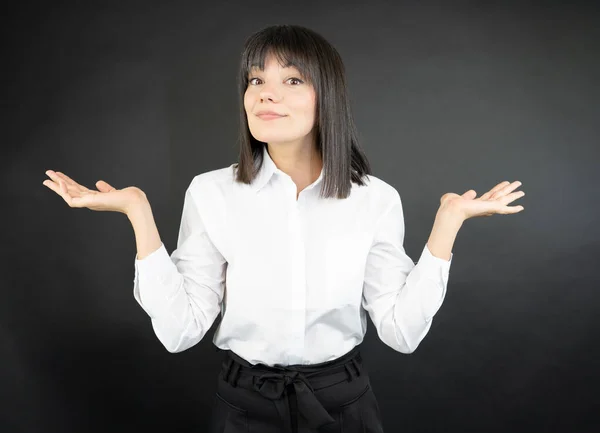 Businesswoman Standing Black Background Gesturing Hands — Stock Photo, Image