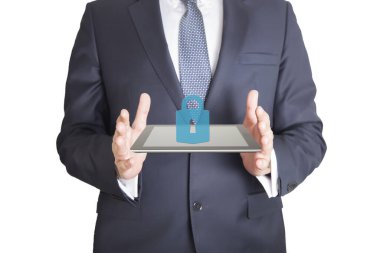 İş, Teknoloji, İnternet ve ağ konsepti. Geleceğin tableti üzerinde çalışan işadamı, sanal ekranı seçin