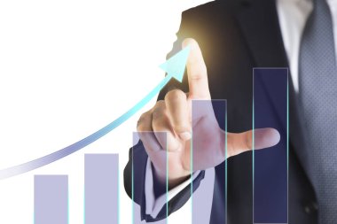 Sanal ekranda parlayan ok tuşuna basan işadamı eli