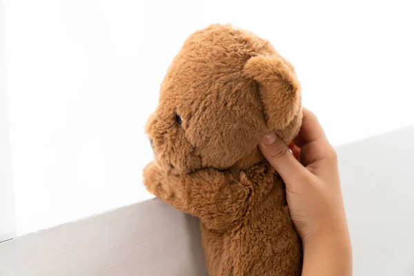 Little Girl Holding Teddy Bear Her Hands — Stock Photo, Image