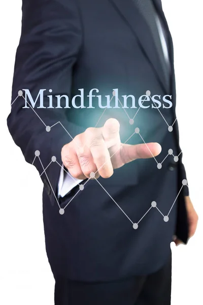 Sanal ekranda iş adamı eli Farkındalık düğmesine dokunuyor