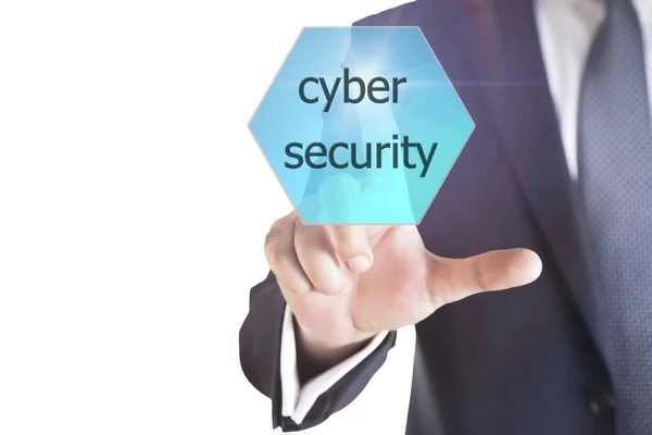 Sanal ekranda işadamı eli siber güvenlik tuşuna basıyor