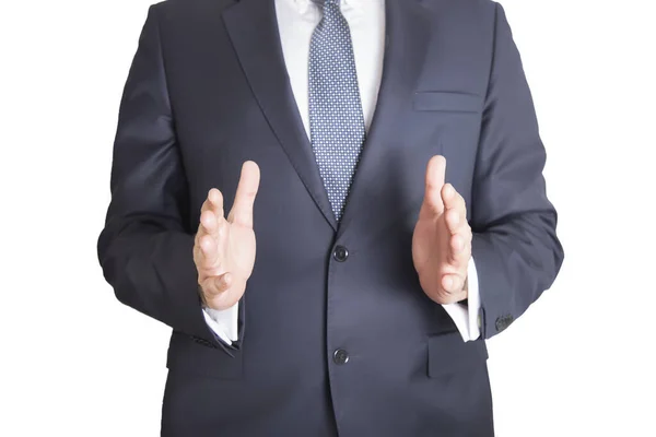 白い背景に何かを保持青いスーツのビジネスマンのクローズアップ — ストック写真