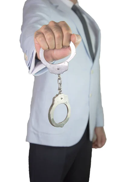 Biznesmen Trzymający Ręku Kajdanki — Zdjęcie stockowe