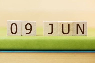 Wooden cubes calendar for 09 JUNE on green book, closeup