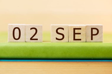 Yeşil kitap üzerine 02 Eylül takvimi için ahşap küp takvimi, yakın plan