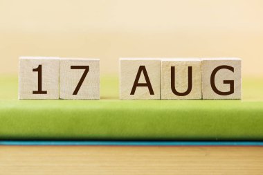17 AĞUSTOS için ahşap küpler takvimi yeşil kitap, yakın plan