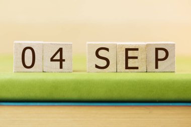 Yeşil kitap üzerine 04 Eylül takvimi için ahşap küp takvimi, yakın plan