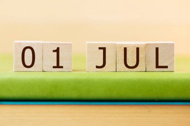 Ağaç küpleri takvimi 01 Temmuz için yeşil kitap, yakın plan