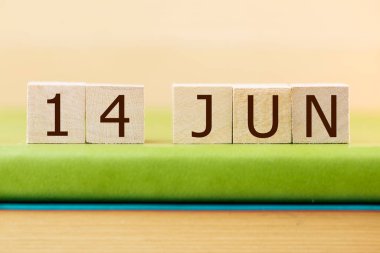 Wooden cubes calendar for 14 JUNE on green book, closeup