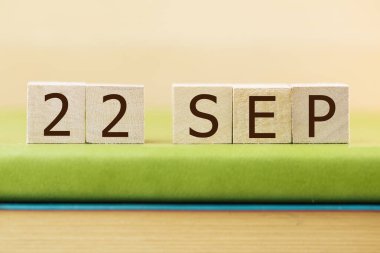 Yeşil Kitap 'ta 22 Eylül için ahşap küp takvimi, yakın plan