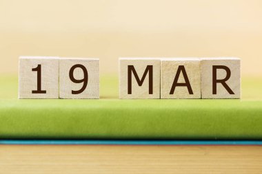 Wooden cubes calendar for 19 MARCH on green book, closeup