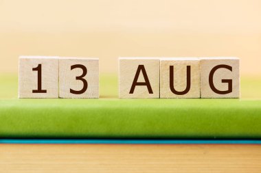 Ağaç küpleri takvimi 13 AĞUSTOS için yeşil kitap, yakın plan