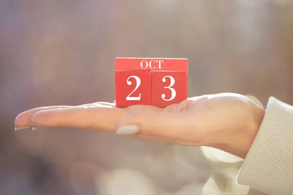 Closeup Female Hand Holding Red Wooden Calendar Red Wooden Cubes — Stock Photo, Image