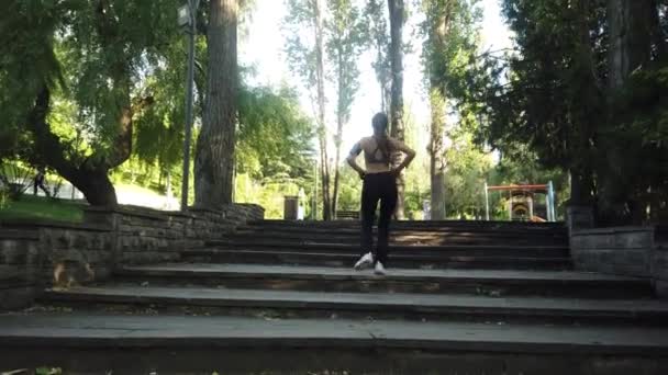Young Woman Warm Body Stretching Morning Exercise Jogging Warm Light — Stock Video
