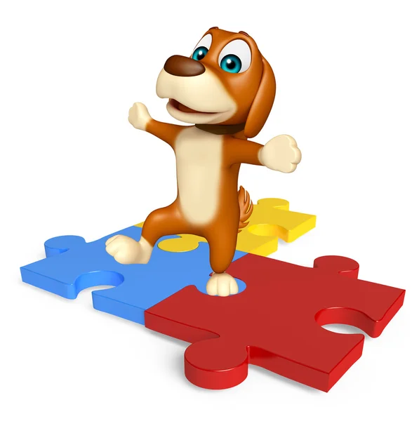 Cão bonito personagem de desenho animado com quebra-cabeça — Fotografia de Stock