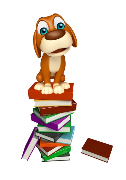 Eğlenceli köpek çizgi film karakteri ile kitap yığını — Stok fotoğraf