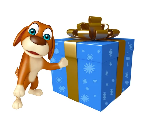 Dog cartoon character  with gift box — Stock Photo, Image