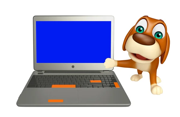 Personagem bonito dos desenhos animados do cão com laptop — Fotografia de Stock