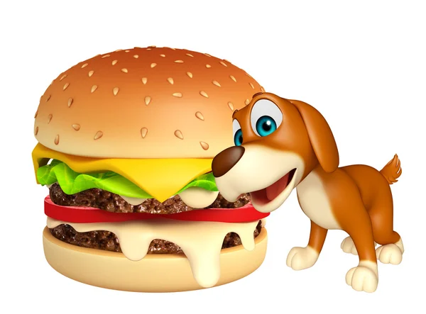 Cute Dog cartoon character  with burger — Stock Photo, Image