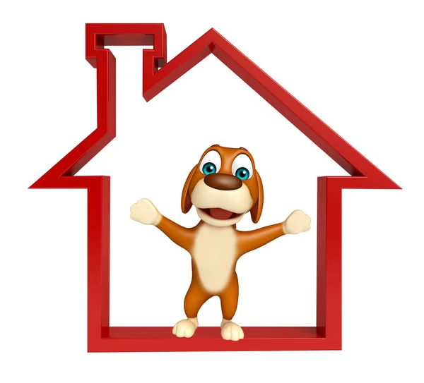 Cão personagem de desenho animado com sinal de casa — Fotografia de Stock