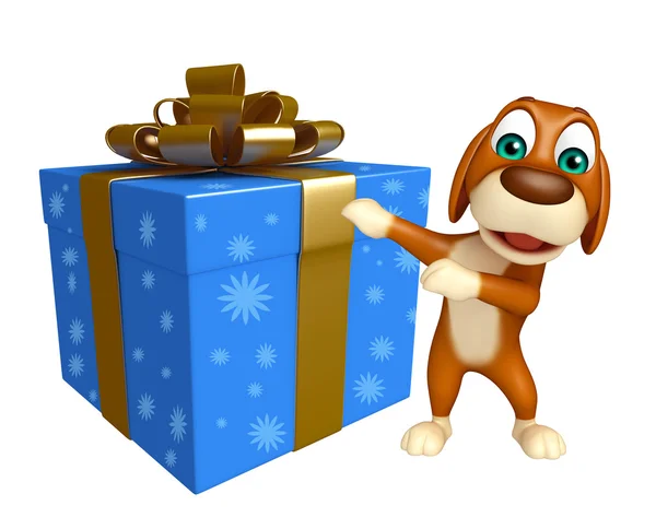 Dog cartoon character  with gift box — Stock Photo, Image