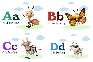 Karınca, kelebek, ötüyor ve köpek Alphabate ile