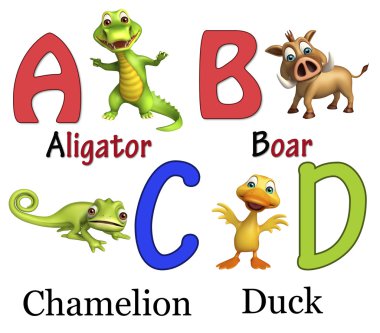 Timsah, yaban domuzu, Chamelion ve ördek Alphabate ile
