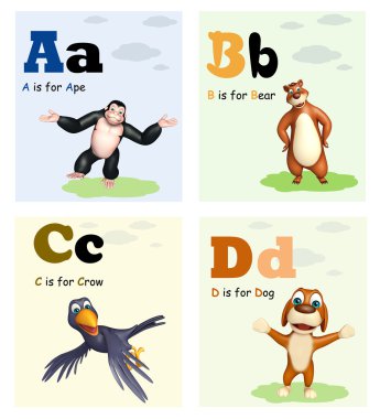 Maymun, ayı, karga ve Alphabate köpekle