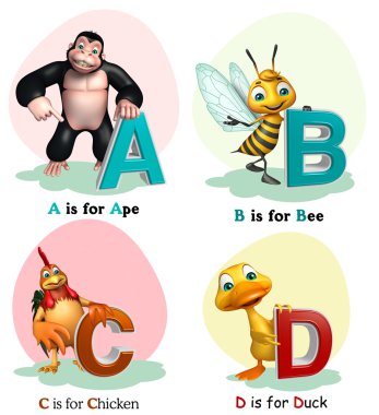Maymun, arı, tavuk ve ördek Alphabate ile
