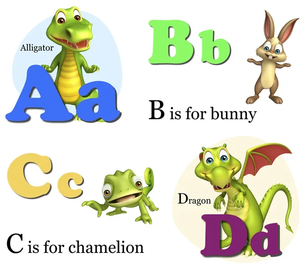 Aligator, Hase, Chamäleon und Drache mit Alphabet — Stockfoto