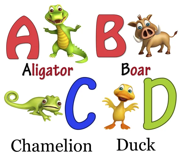 Aligator, sanglier, chamelion et canard avec alphabet — Photo