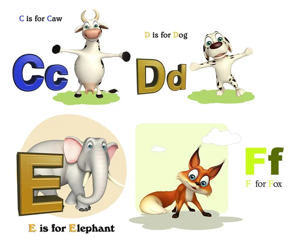 Krähe, Hund, Elefant und Fuchs mit Alphabet — Stockfoto